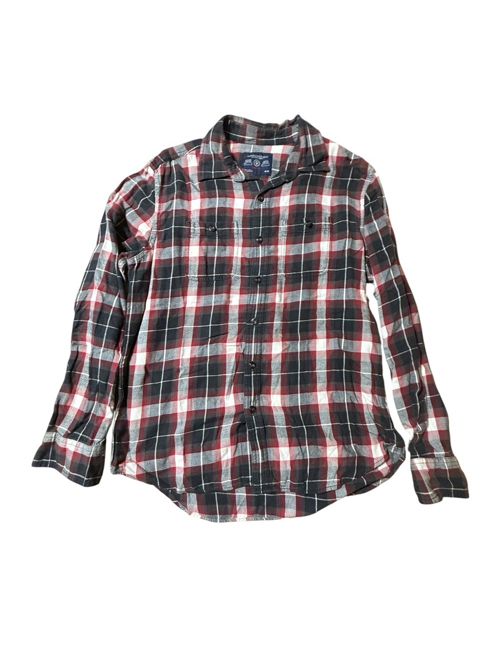 American Eagle Men M Prep Fit Flannel Shirt Plaid Red Black White Button Up